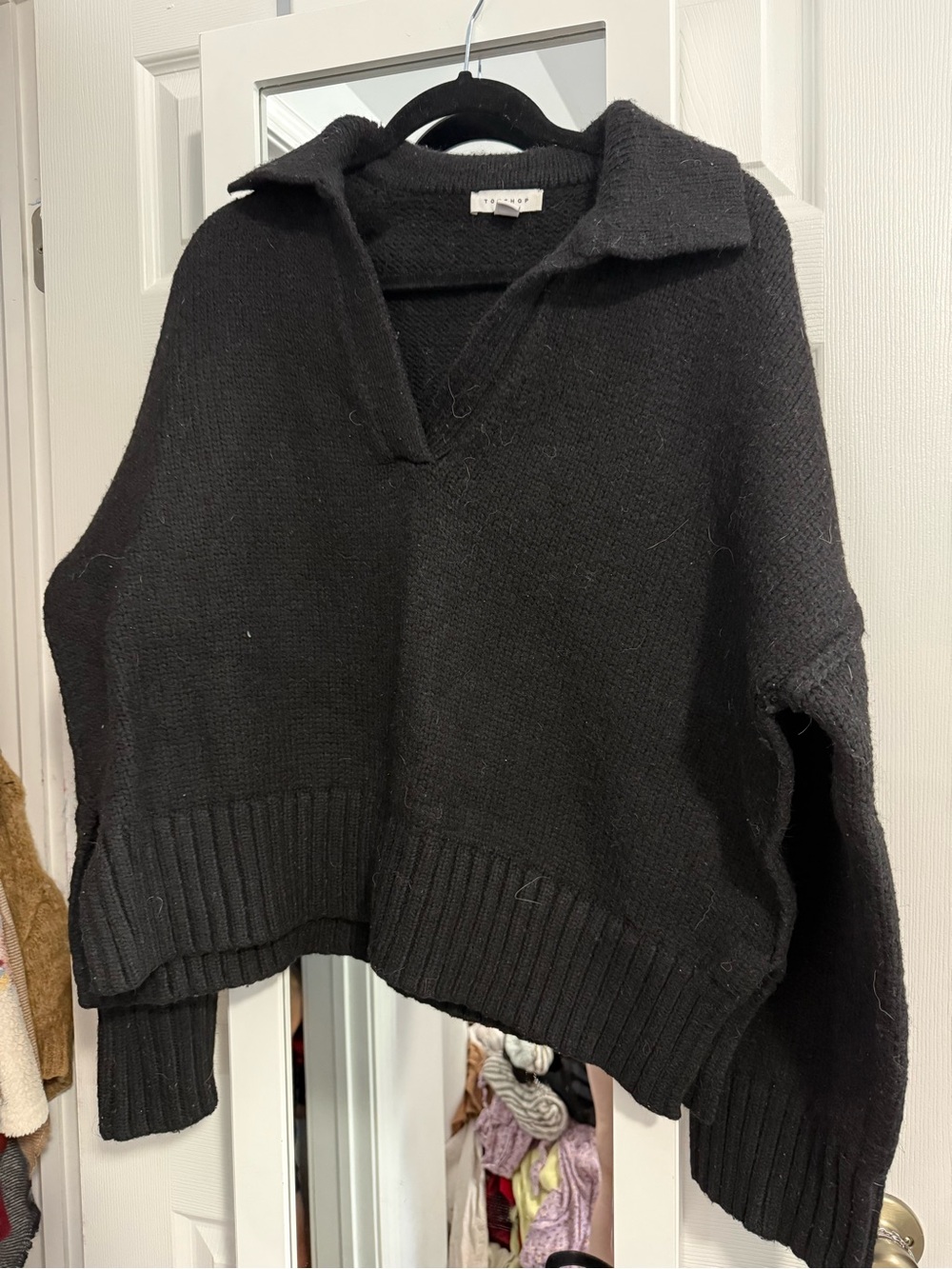 Topshop Black Collared V-Neck Women's Sweater